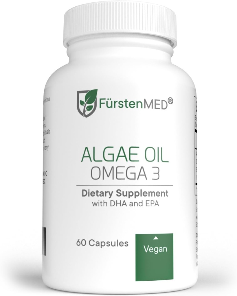 FürstenMED Algae Oil Vegan Omega 3 - Heart, Brain & Joint Health Support - 2000mg Algae Oil of which 700mg DHA & 320mg EPA + 3, 6mg Vitamin E per Daily Dose - Essential Fatty Acids
