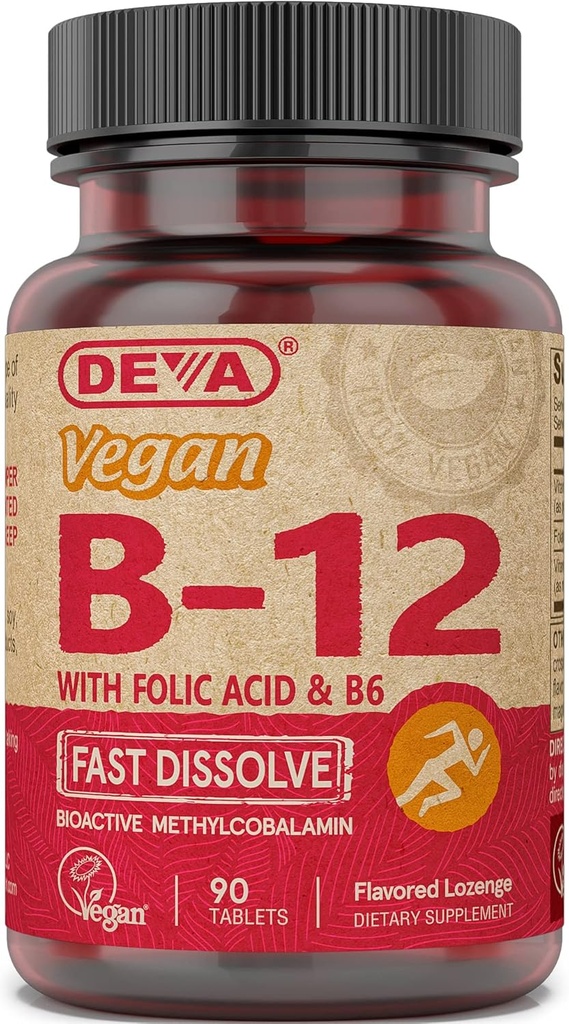 DEVA Vitamine végane B12 Supplément dissolvant rapide - Complexe une fois par jour avec 1000 Mg de méthylcobalamine B12, acide folique, B6 - Arôme citron - 90 comprimés dissolvables,