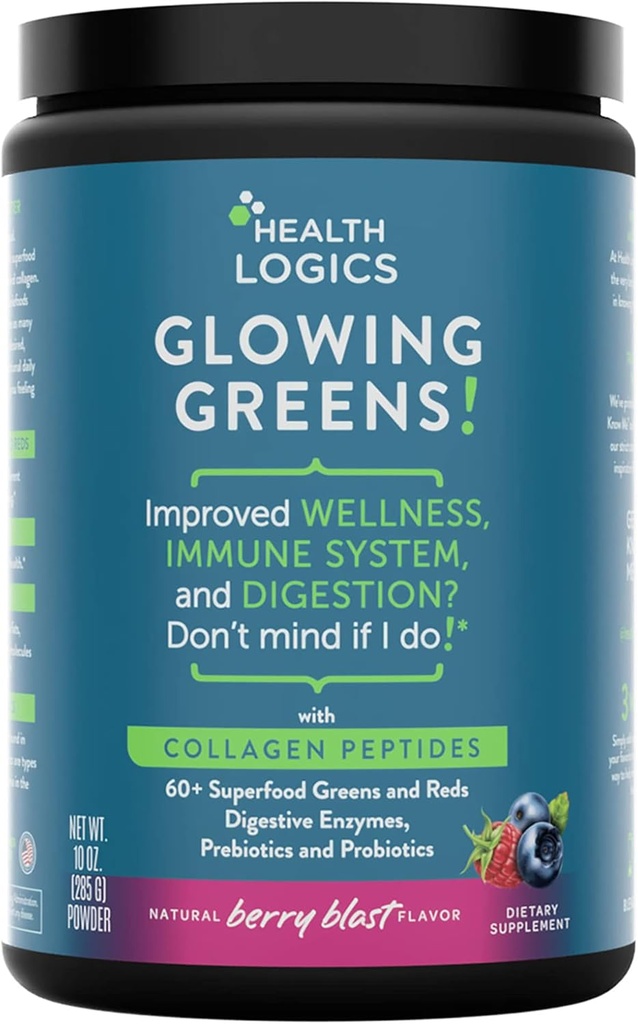 Logiques de santé Glowing Greens Superfood Powder with Collagen Peptides, Enzymes digestifs, Prébiotiques et Probiotiques – Antioxydants, Améliorer le bien-être, Immune, Digestion et Gut Health Support