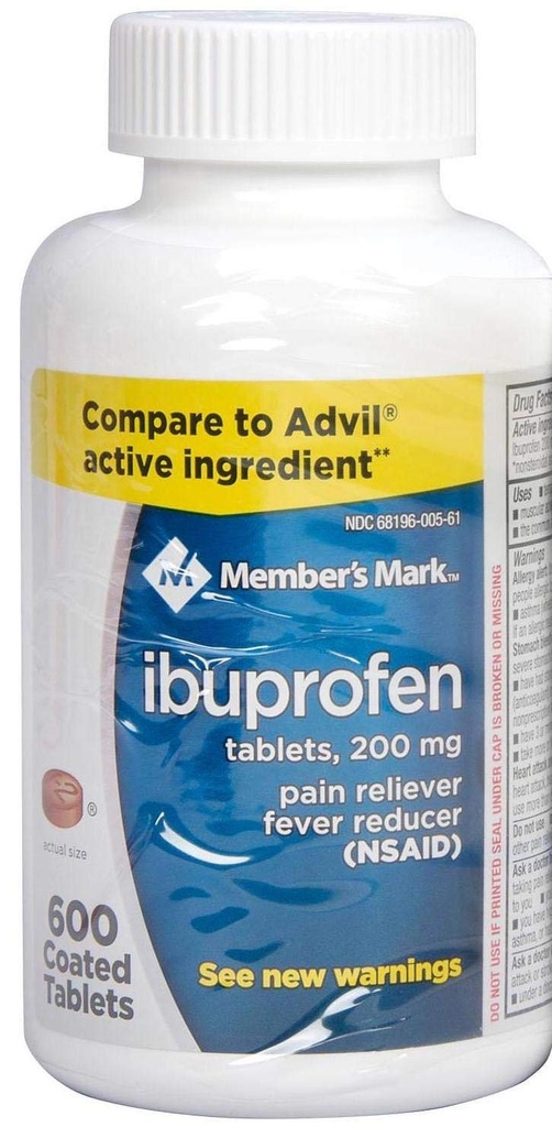 Membres Marquer Ibuprofène Comprimés enrobés 200mg anti-douleur Réducteur de fièvre, 1 bouteille, 600 comprimés