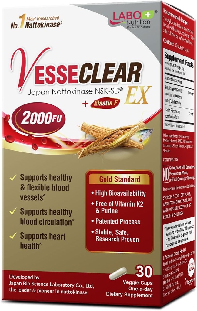 LABO Nutrition VesseCLEAR EX: Nattokinase NSK-SD+Elastine F pour vaisseaux sanguins propres et flexibles. La dose la plus éprouvée, fonctionnelle, acide résistant/délayée du Japon