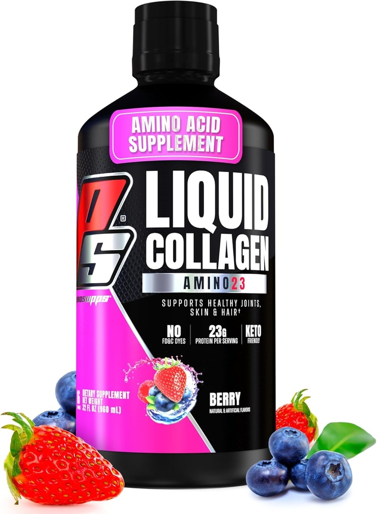 PROSUPPS Amino23 Liquid Collagen Shots, Berry - Collagen Peptide Supplément post entraînement soutient le vieillissement en santé, les articulations, la peau et les cheveux - sans gluten et sucre zéro - 16 portions