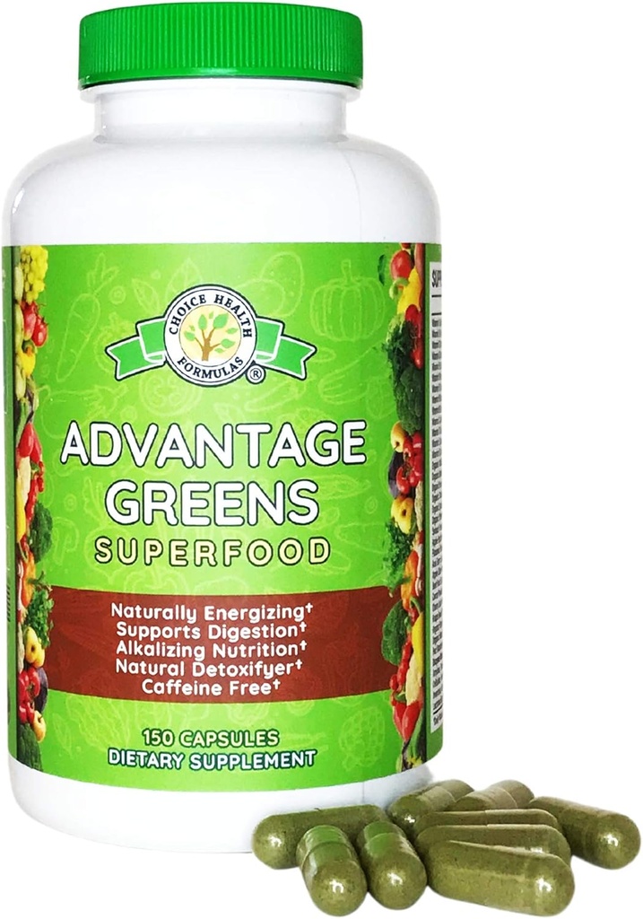 Advantage Greens Superfood - Energy Promoter - Wheat Grass, Barley Grass, Spirulina, Spinach, Chlorella, Beets, Kale Supplement (150 Cap)