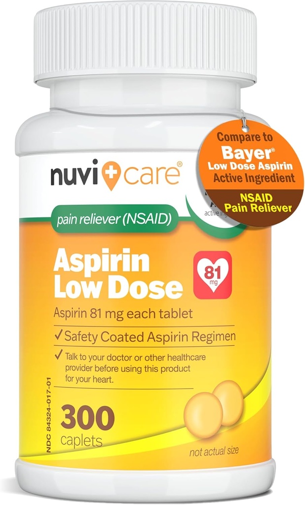 Aspirine à faible dose 81mg pour les adultes Caplets enrobés - Comparer à l'ingrédient actif dans l'aspirine à faible dose Bayer pour les adultes - Coté de sécurité (300 Nombre)