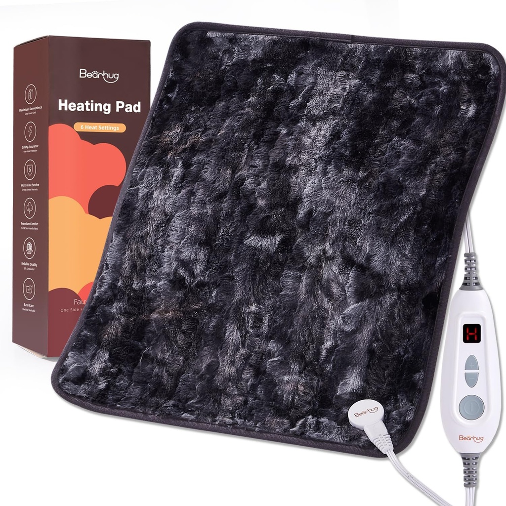 Pad de chauffage électrique Bearhug XL 20'x24'' Double-Sided Faux Fur Chaudé Pad, 6 Niveaux de chaleur, 2H Auto-Off, Hydratation & Thérapie à sec pour soulager la douleur au dos, Lavable en machine, certifié ETL, boîte cadeau