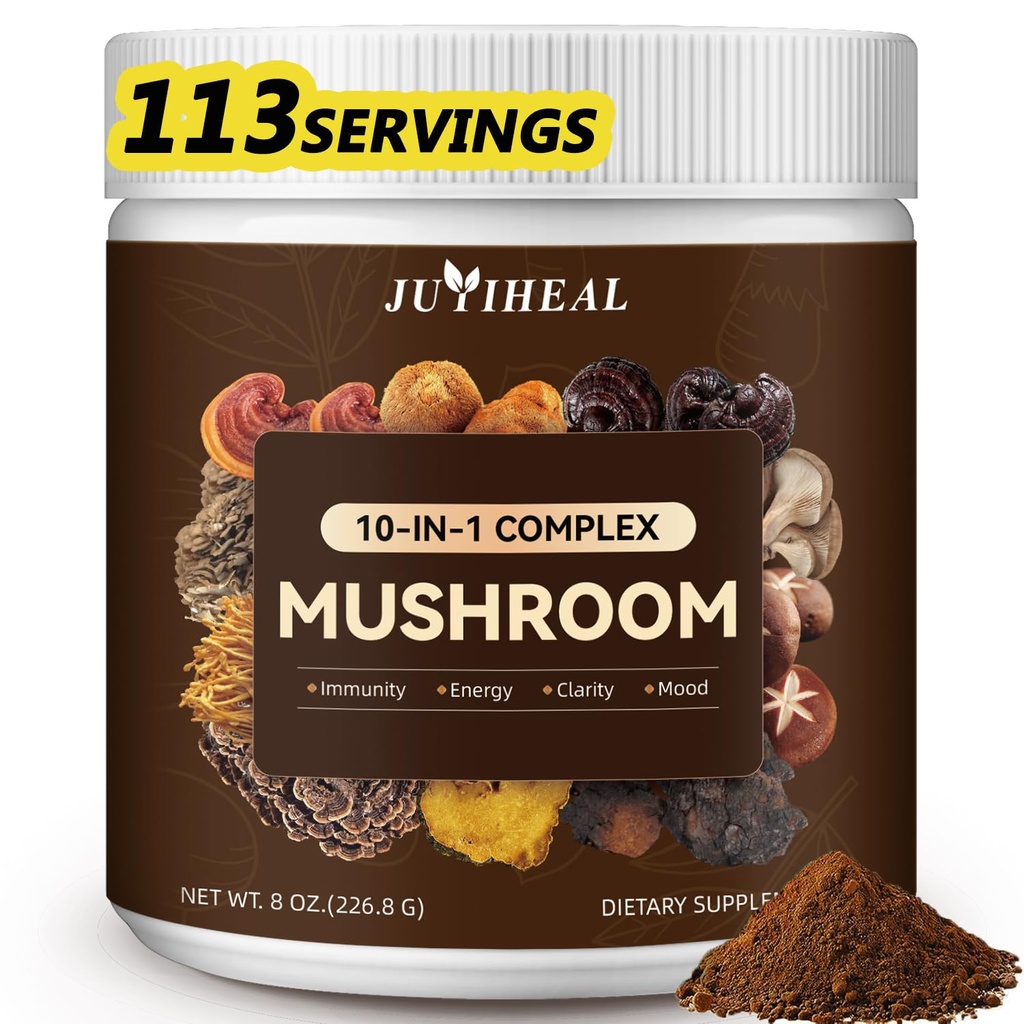 10-en-1 Poudre de champignons, Complexe de champignons - Lions Mane, Reishi, Shiitake, Chaga, Turkey Tail, Cordyceps, Maitake & More, Poudre de complément de champignons pour l'énergie, la mémoire, le focus et le soutien immunitaire 8oz