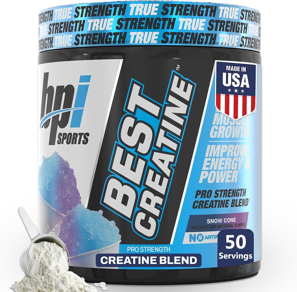 BPI Sports Meilleure Créatine - Creatine Poudre monohydratée pour hommes et femmes, Sel himalayen - Résistance, Pompe, Endurance, Croissance musculaire, Définition musculaire - Non Bloat - Cône de neige - 50 portions - 10.58 Oz