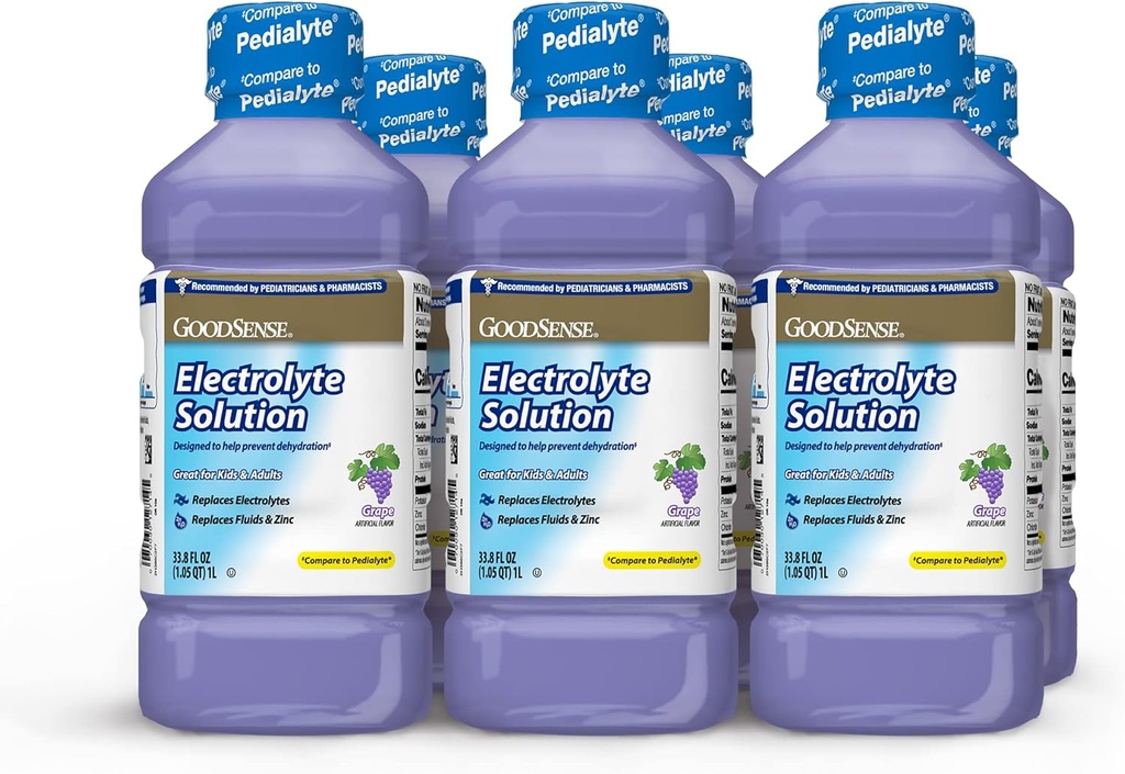 Solution d'électrolyte de raisin GoodSense - Remplace les électrolytes, les fluides et le zinc pour les enfants et les adultes, boisson d'hydratation pour la déshydratation, 33,8 onces de fluides (paquet de 6)