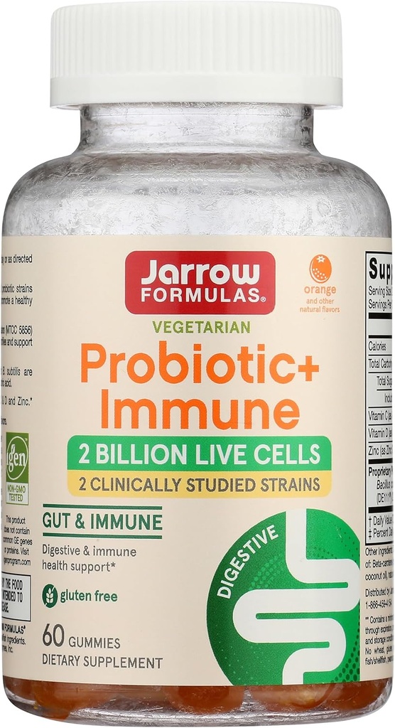 Jarrow Formulas Probiotic+ Immune Gummies, 2 Billion CFU Supplement for Digestive Health and Immune Support, 60 Orange Flavor Probiotic Gummies, 30 Day Supply