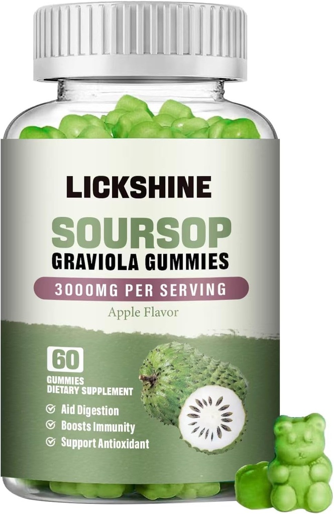 1 Pack Gommies de Soursop Graviola - 3000mg Supplément de Soursop Extra Strength avec Vitamine C, Zinc - Aide digestive, Immune support et antioxydant - sans sucre, non-OGM, végétalien, 60 comtes