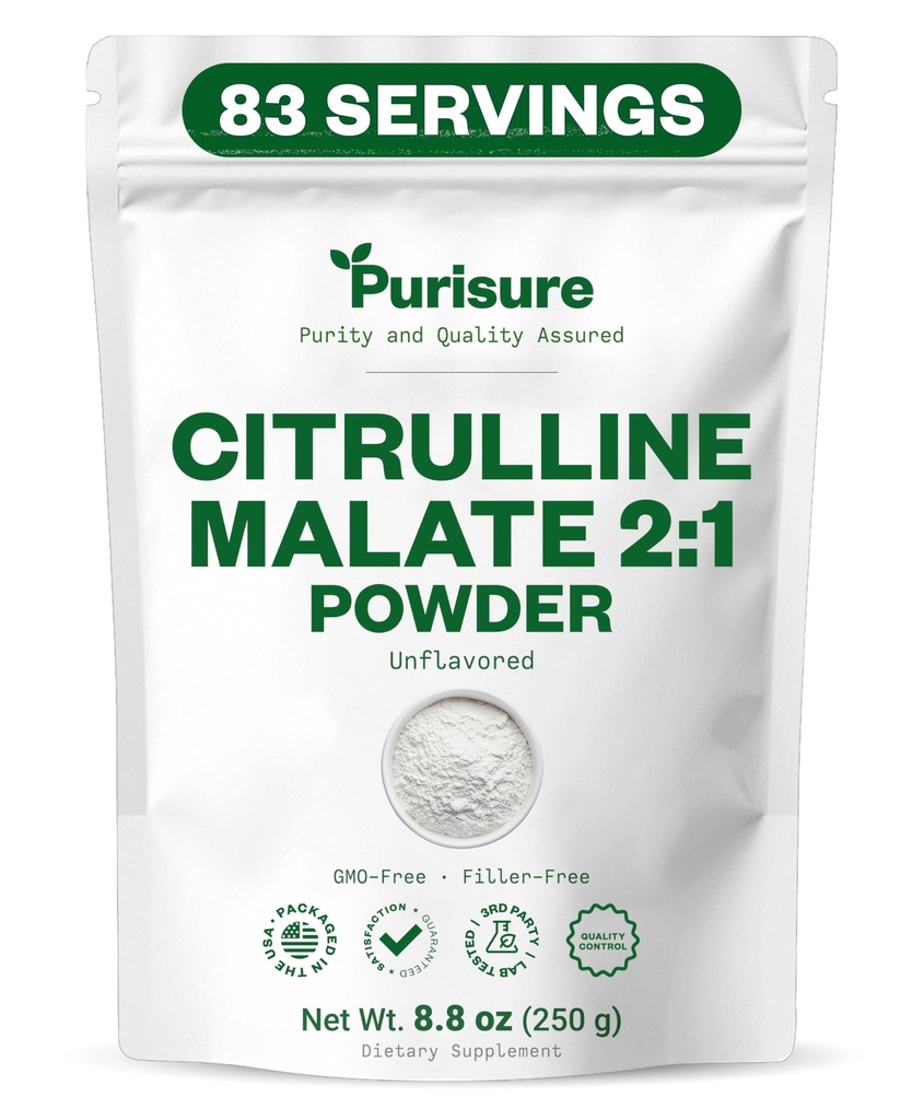 Poudre L-Citrulline de purisure 250g, supplément de malate de Citrulline 2:1 pour la performance de résistance et l'énergie, poudre de malate de Citrulline pré-entraînement - améliorer les pompes musculaires et la récupération - 83 portions