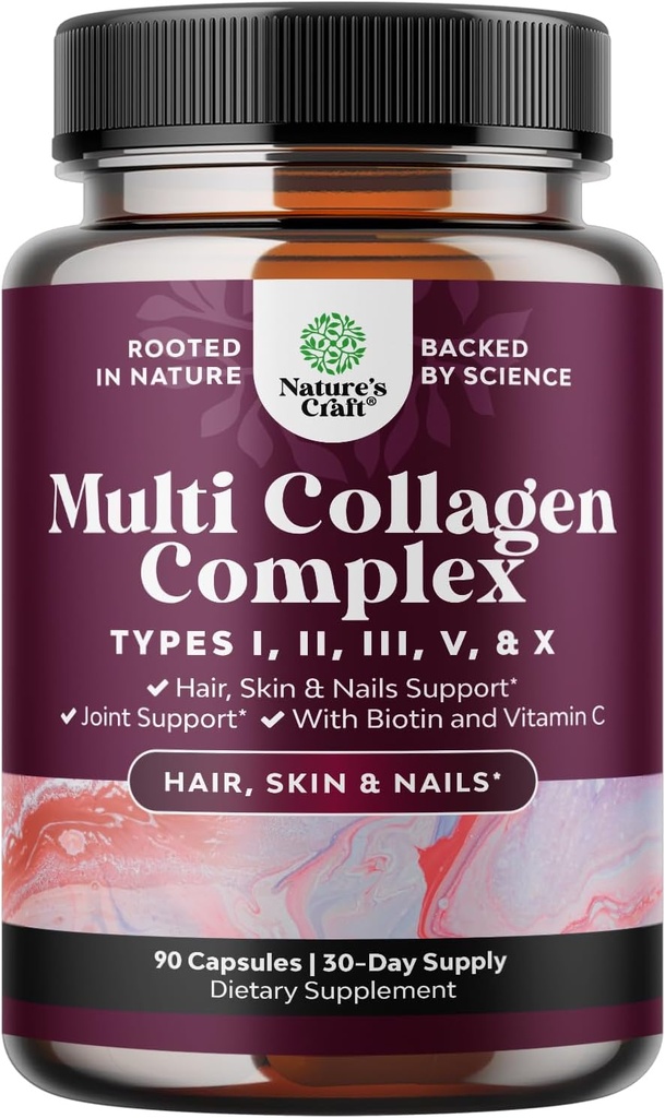 Complexe avancé multi collagène - Suppléments multi collagène sans âge avec type 1 2 3 5 & X & Biotine pour les vitamines cheveux, peau et ongles - Suppléments biotine pour les femmes et les hommes - 90 Nombre