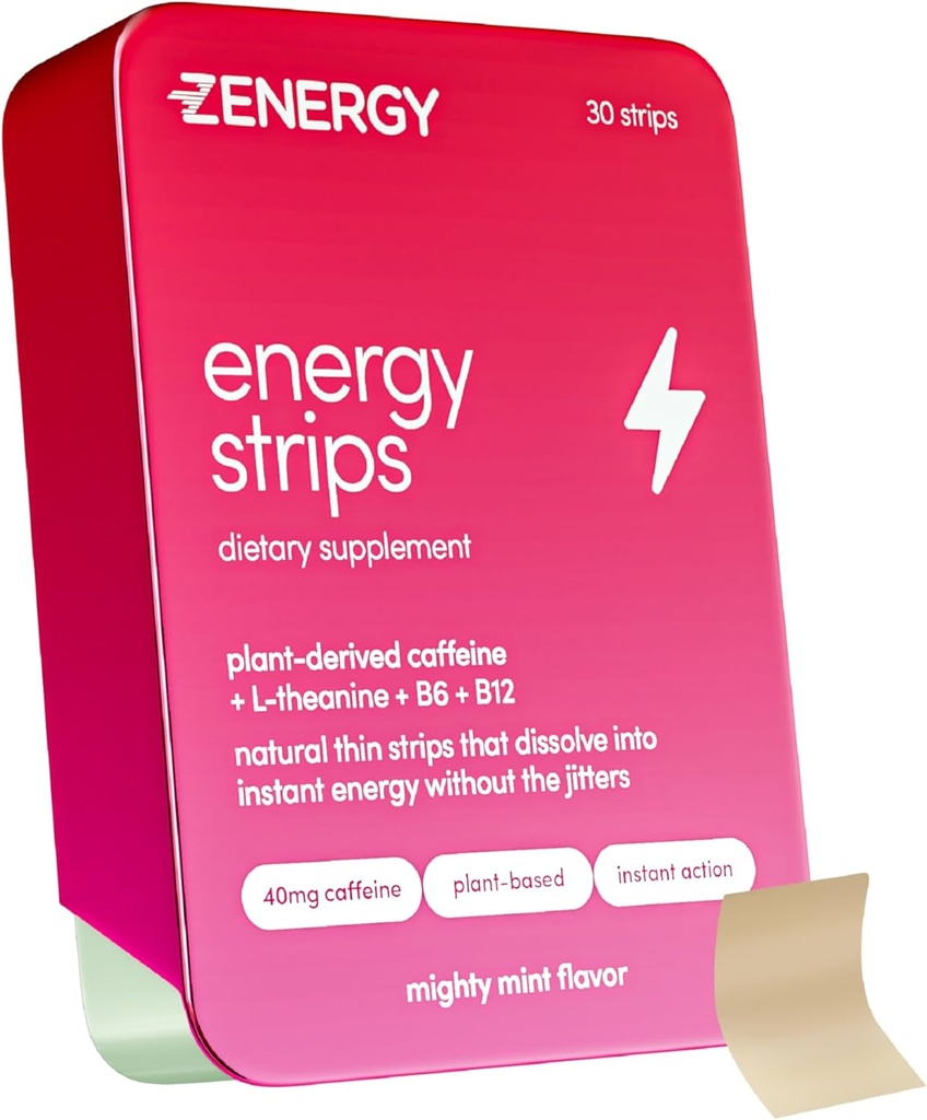 ZENERGY Energy Oral Strips - Mint Flavor | 40mg Caffeine + 30mg L-Theanine + 100% Vitamin B6 & B12 | 0 Sugar, 0 Calories, 0 Gluten, 0 Aspartame, Vegan, Plant-Based, Instant Action | 1 Tin = 30 Strips