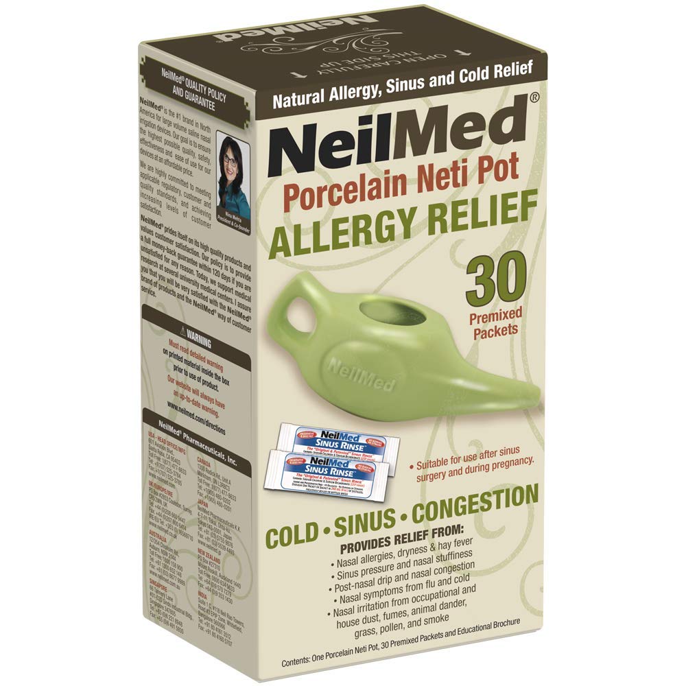 NeilMed Classic Porcelaine Neti Pot Vert avec 30 paquets prémélangés