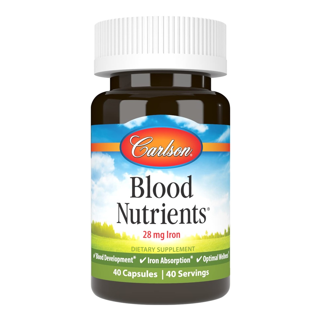 Carlson Blood Nutrients, 28 mg, Iron, Blood Development, 40 Capsules | Iron Absorption; Optimal Wellness
