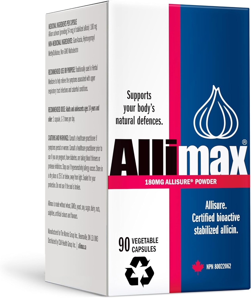 AlliMAX 180mg 90 Capsules. Supplément à l'ail pour soutenir votre fonction immunitaire du corps. Contient de l'allicine bioactive stabilisée et potente extraite de l'ail cultivé espagnol propre et durable.