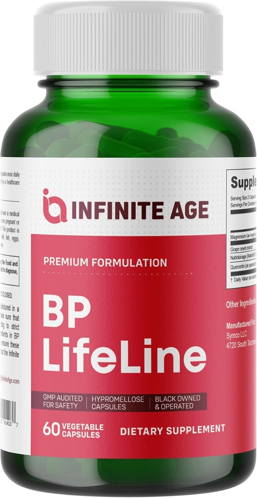 Infinite Age BP Lifeline Capsules, 60 Compte - Supplément de soutien de la santé cardiaque avec extrait de raisin, Nattokinase, Quercetin et Magnésium - Fabriqué aux États-Unis