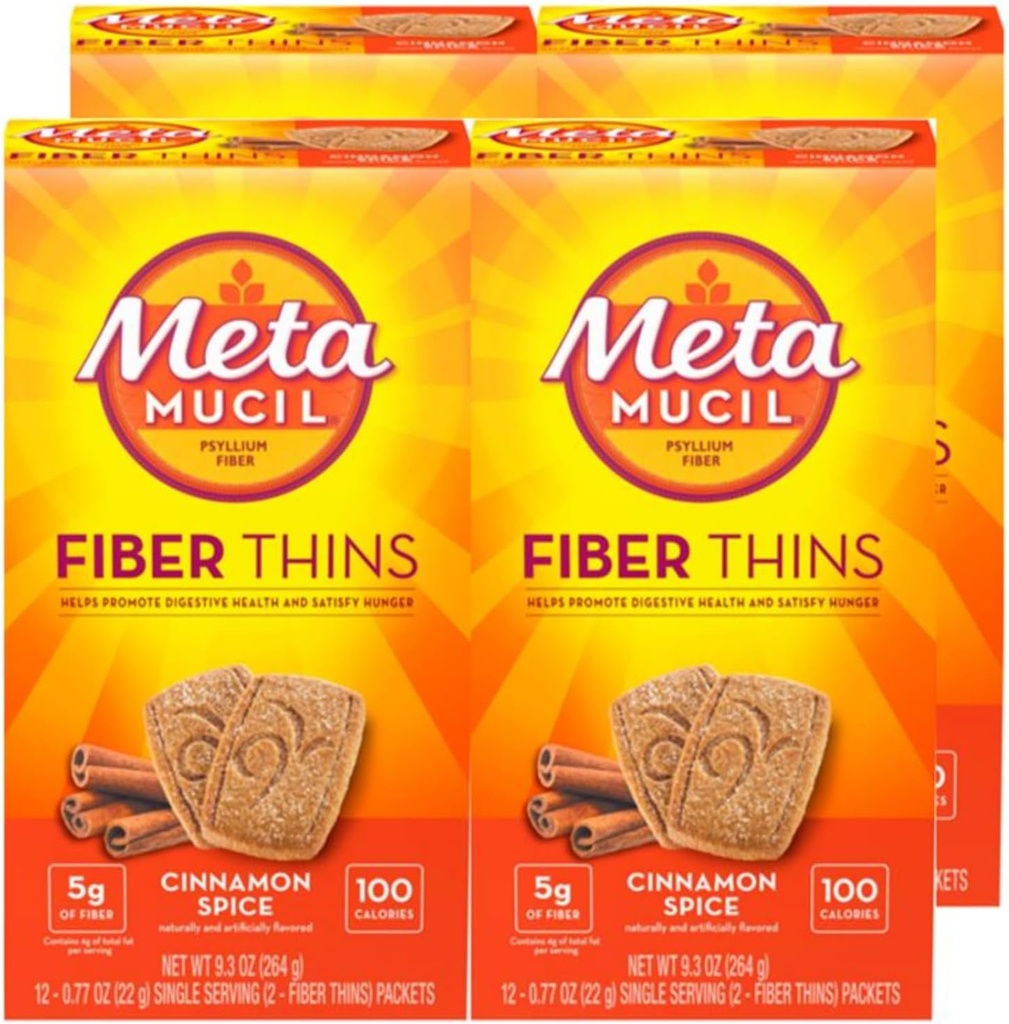 Métamucil Fiber Thins, Supplément de fibre quotidienne Snack, Poudre de musc de Psyllium, 5g Fibre par portion, Soutient la santé digestive et Satisfait la faim, Flacon d'épice de cannelle, paquet de 4, 12 portions chacun