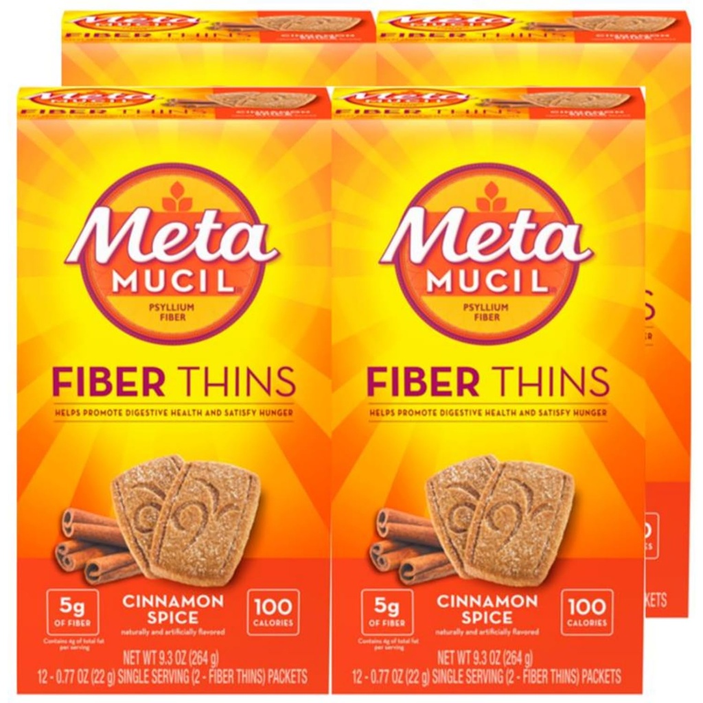 Métamucil Fiber Thins, Supplément de fibre quotidienne Snack, Poudre de musc de Psyllium, 5g Fibre par portion, Soutient la santé digestive et Satisfait la faim, Flacon d'épice de cannelle, paquet de 4, 12 portions chacun