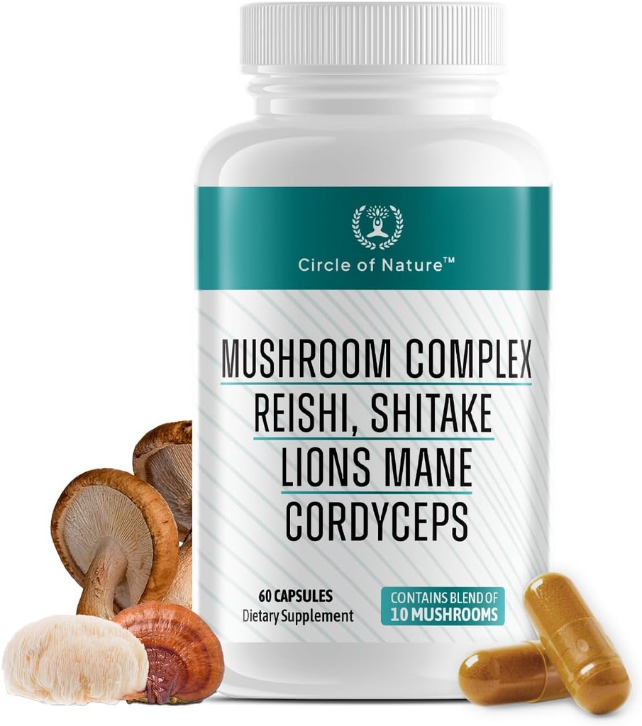 Supplément complexe Brain Booster Mushroom, uplifter naturel avec 10 champignons de fonction, Lions Mane, Reishi, Cordyceps et 7 Plus en Capsules 1330mg Fabriqué aux États-Unis, 60 Capsules