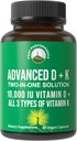 Performance de pointe vitamine D 10000 UI avec tous les 3 types de capsules de vitamine K 10 000 UI vitamine D3 et vitamine K2, K1, MK-7 (MK7), MK4 Supplément. 60 petites pilules faciles à avaler