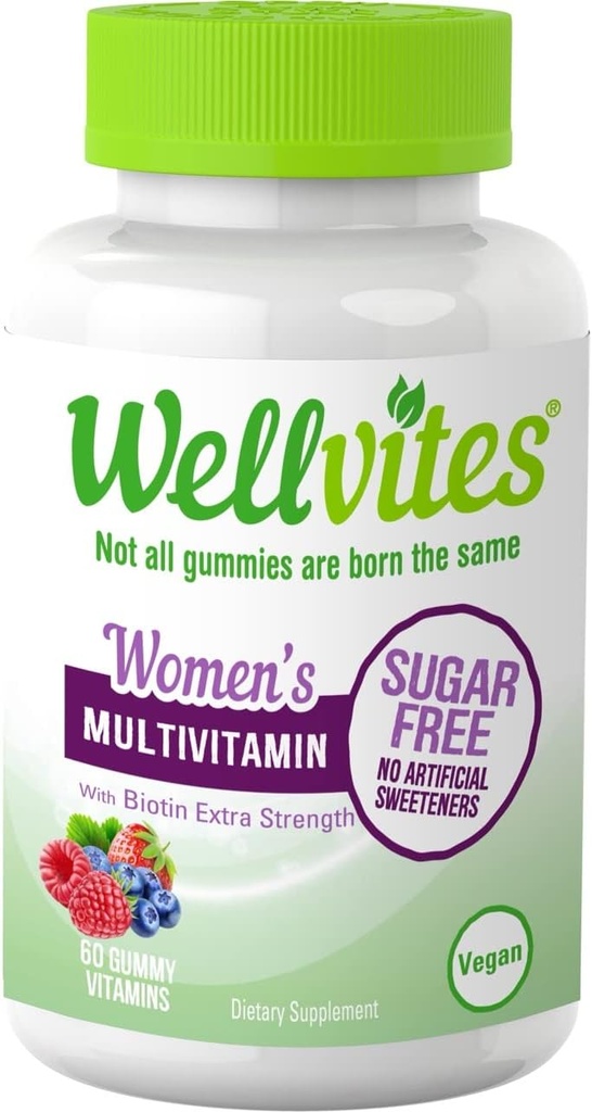 Wellvites sans sucre Multivitamine Gummies pour les femmes avec biotine, végétalien, non-OGM - Vitamines pour les femmes, vitamine A, B6, et B12, Pas d'édulcorants artificiels, sans gluten, 60 Compte (30 jours d'approvisionnement)