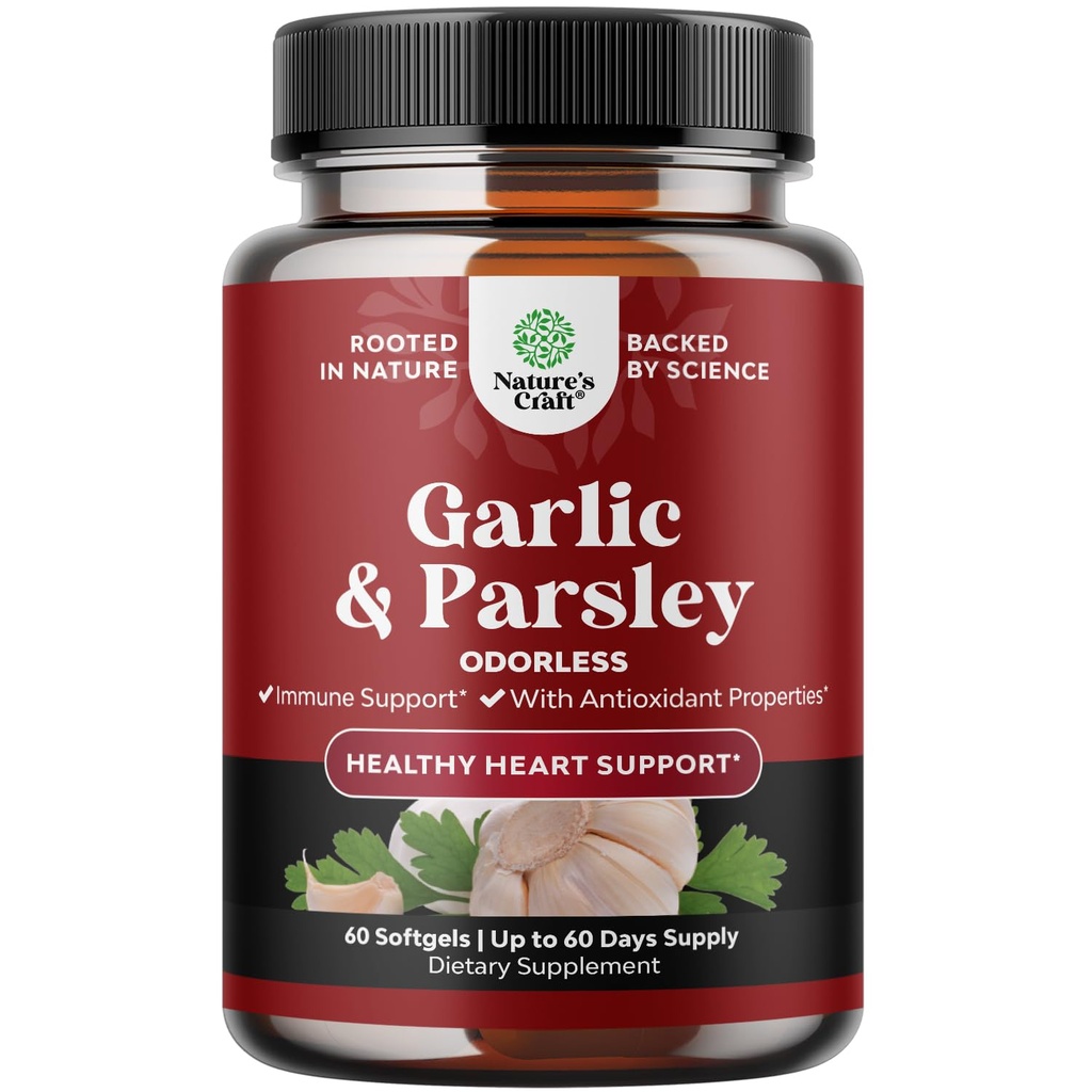 Des softgels d'ail sans odorat concentrés - Extrait de persil et suppléments d'ail vieillis pour la santé circulatoire, la digestion, le soutien immunitaire et la désintoxication du foie - Des softgels de persil pour le soutien Gut - 60 Ct