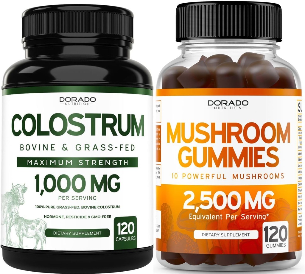 DORADO NUTRITION Supplément de colostrum 1000mg par portion et par champignon Gummies (120 comte) Supplément de champignons