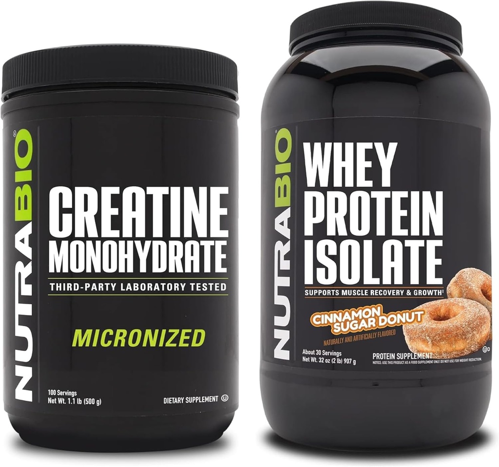 NutraBio Créatine monohydraté, non aromatisé, 500g et Isolate de protéines de lactosérum, Donut de sucre de cannelle, supplément - Énergie musculaire, croissance musculaire maigre, récupération et force
