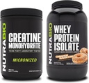 NutraBio Créatine monohydraté, non aromatisé, 500g et Isolate de protéines de lactosérum, Donut de sucre de cannelle, supplément - Énergie musculaire, croissance musculaire maigre, récupération et force