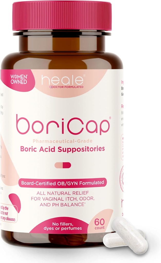 BoriCap - Suppositoires d'acide borique pour les femmes - 600 mg - Santé vaginale et équilibre, démangeaisons et odeurs - Relief naturel - Soins féminins - Produits d'hygiène féminine - Fabriqués aux États-Unis par Heale - 60 Capsules