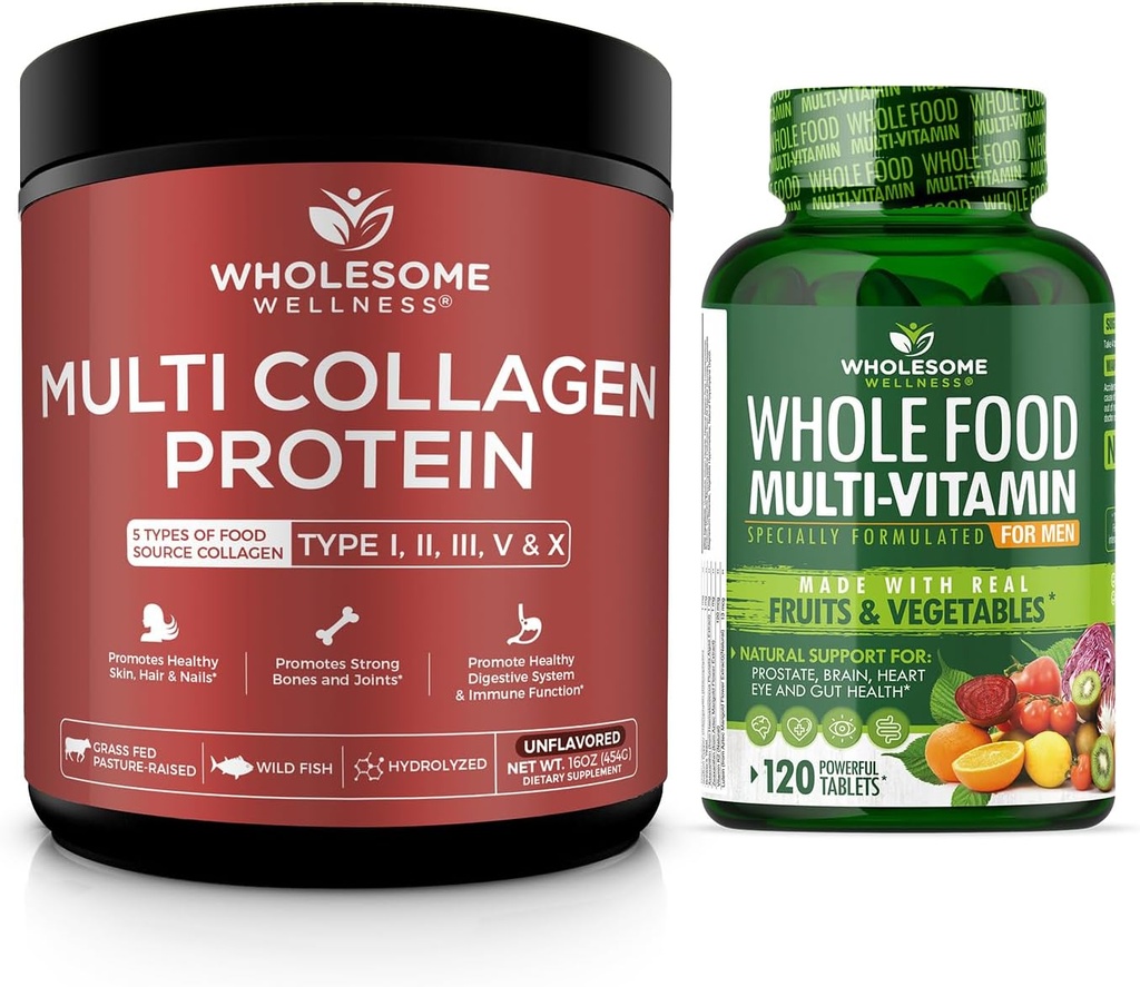 Poudre de protéines multicollagène hydrolysée (type I II III V X) + Multivitamine d'aliments entiers pour les hommes - Multivitamines naturelles, minéraux, extraits organiques