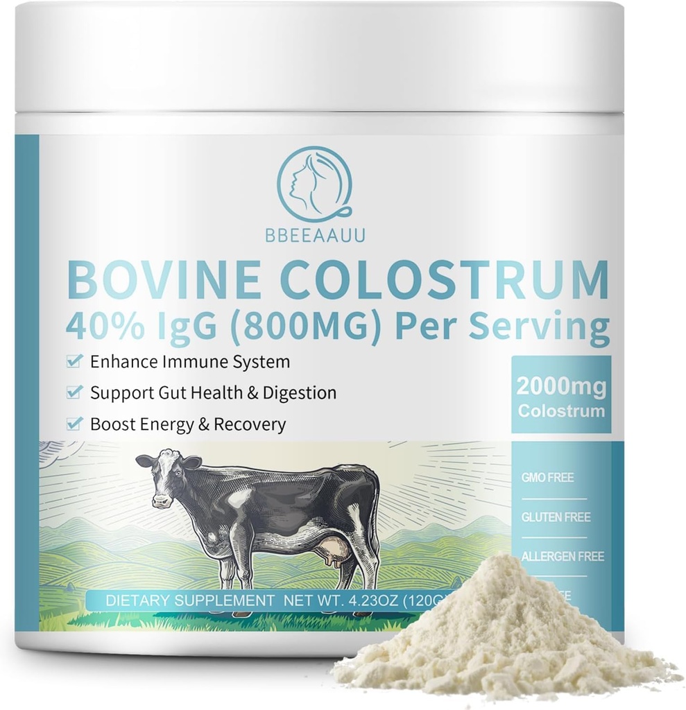 Supplément de colostrum de Bovine 2000mg, Poudre de colostrum 40% IgG Immunoglobulines pour le soutien immunitaire, la croissance des cheveux, la santé des intestins, le muscle, l'énergie - 100% gazon, sans gluten, sans OGM, 120 Grams