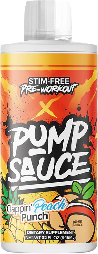 Sauce de pompe Pré-entraînement - 32 oz, Clapin Peach Punch, pas de caféine, plein spectre liquide, sans gluten, végétalien, sucre zéro