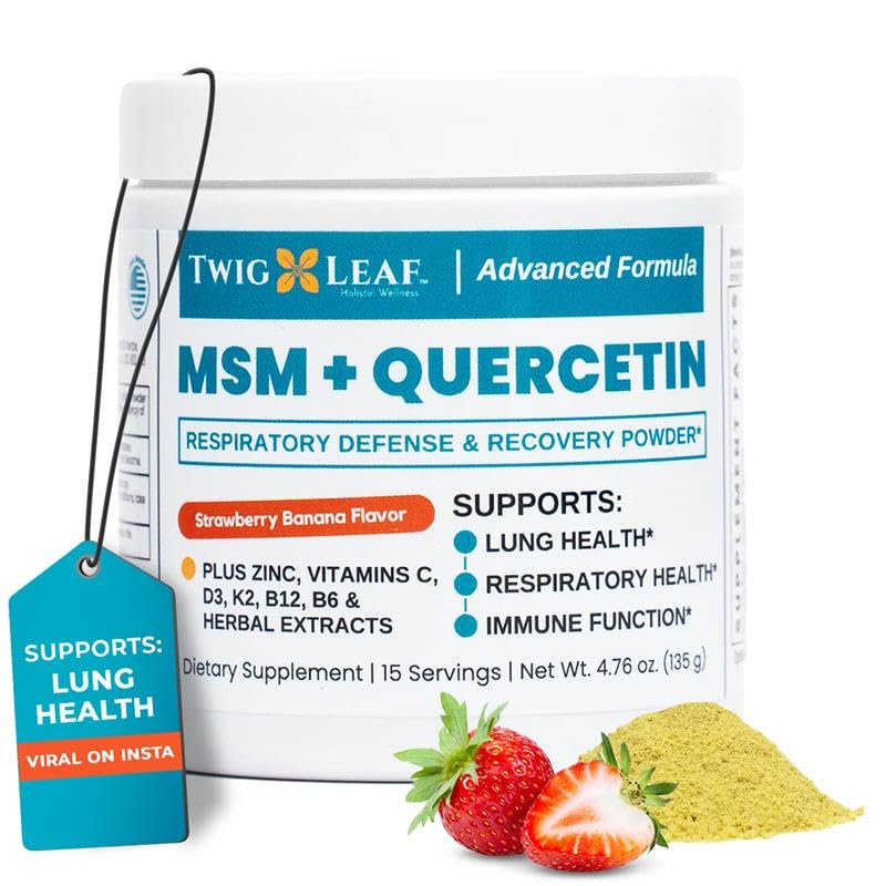 Supplément Quercetine Twig & Leaf avec vitamine C et zinc (Banane aux mûres) - Supplément poudre MSM pour la santé respiratoire - Défense naturelle pour les défis saisonniers - 4,76 oz
