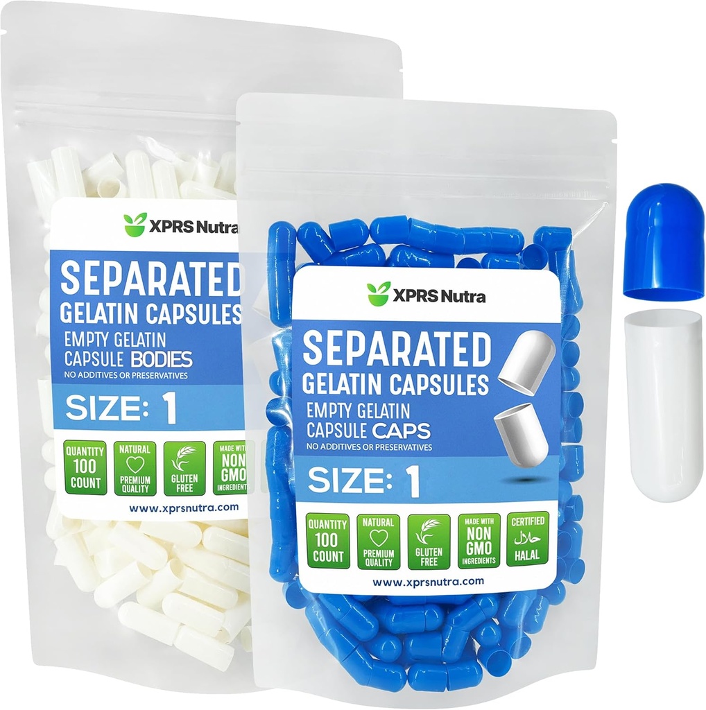 XPRS Nutra Taille 1 Capsules séparées par la gélatine - 100 capsules vides de comptage séparées dans des sacs - pilules vides pour le remplissage de supplément bricolage (bleu/blanc)