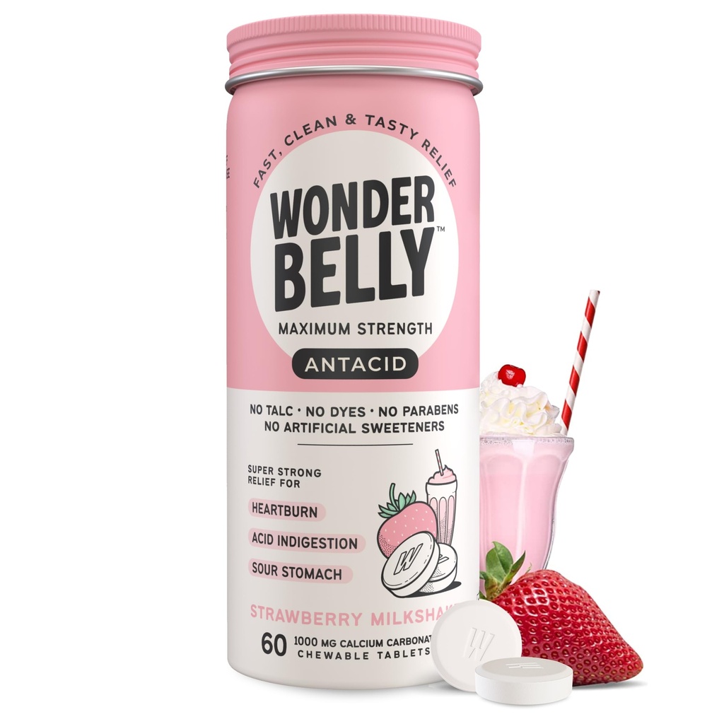 Antiacide de Wonderbelly, soulagement efficace des brûlures d'estomac et de l'indigestion instantanée de l'acide, comprimés à croquer d'une force supplémentaire, carbonate de calcium de 1000 mg, pas de talc ou de colorant, milkshake de fraise, compte 60