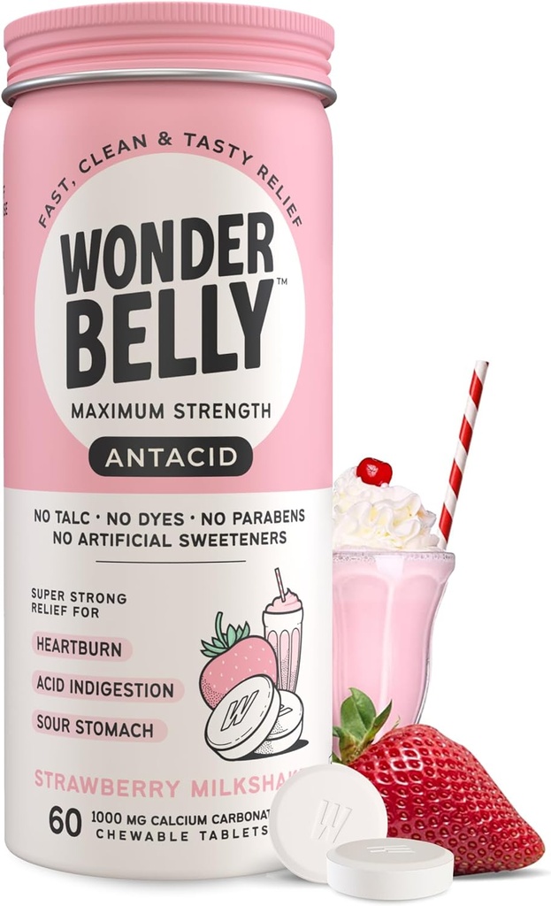 Wonderbelly Antacid, Effective Heartburn and Instant Acid Indigestion Relief, Extra Strength Chewable Tablets, 1000 mg Calcium Carbonate, No Talc or Dye, Strawberry Milkshake, 60 Count