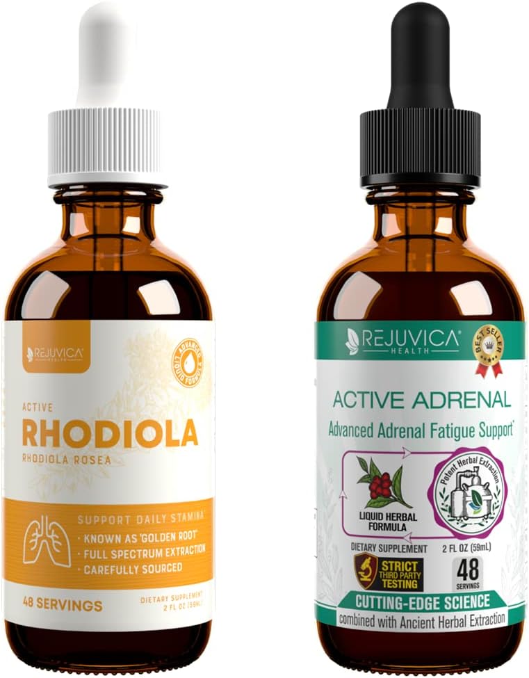 Rejuvica Health Active Rhodiola + Active Adrénal - Soutien Énergie + Stress - Livraison liquide pour une meilleure absorption - Rhodiola, Ashwagandha, Saint Basil et plus!
