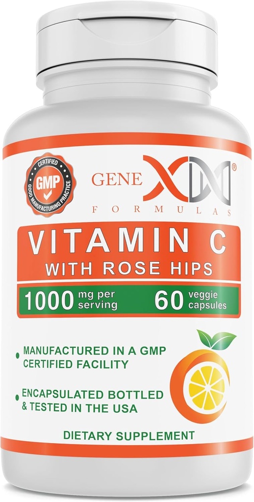 Genex Formulas 1000mg Vitamin C with Rose HIPS (60 Capsules) Supports Healthy Immune System - Non-GMO, Gluten Free, Vegan (60 Day Supply)