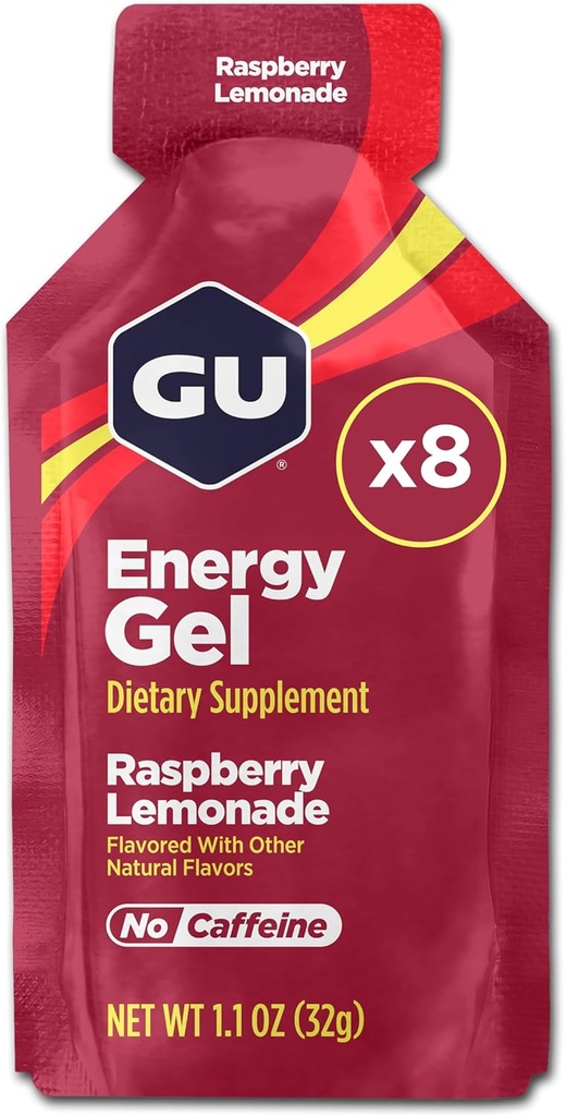 GU Energy Original Sports Nutrition Energy Gel, 8-Count, végétalien, sans gluten, sans casher et sans lait pour toute séance d'entraînement, citronade aux framboises