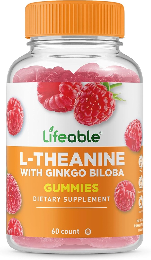 Théanine L vivable avec Ginkgo Biloba - Grande dégustation naturelle de suppléments de gommy vitamines - sans gluten OGM végétalien à croquer - pour vous aider à vous concentrer et à vous détendre - pour adultes hommes femmes - 60 gommies