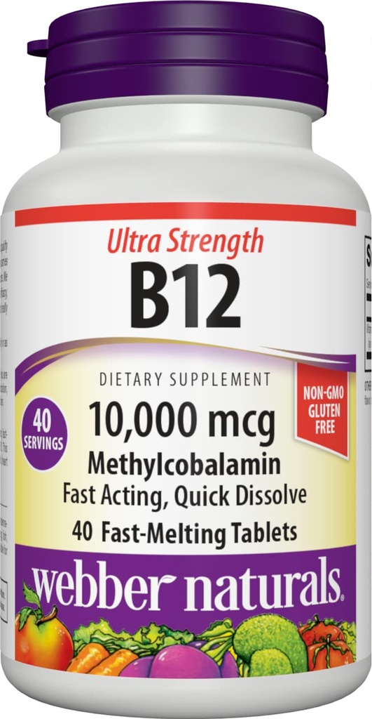 Webber Naturals Vitamine B12 10 000 mcg, Ultra Strength, 40 Compte, Comprimés à dissolution rapide, Supplément de vitamine pour le métabolisme de l'énergie, l'immunité et la santé cardiaque, formule végétalienne