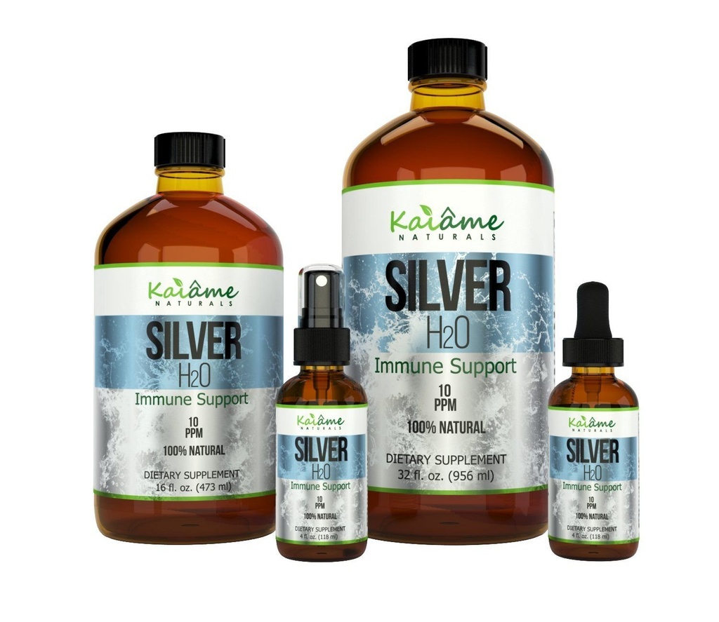 Kaiame Naturals Argent Colloïdal, Solution d'argent ionique, 10 PPM, Grande bouteille de verre de 16 oz, Supplément de soutien naturel immunitaire, sans danger pour les adultes, les enfants et les animaux de compagnie