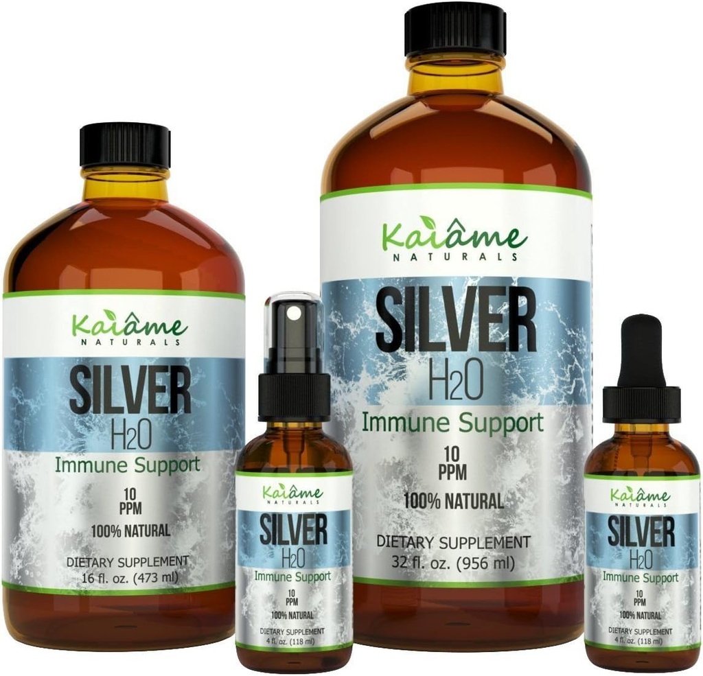 Kaiame Naturals Argent Colloïdal, Solution d'argent ionique, 10 PPM, Grande bouteille de verre de 16 oz, Supplément de soutien naturel immunitaire, sans danger pour les adultes, les enfants et les animaux de compagnie
