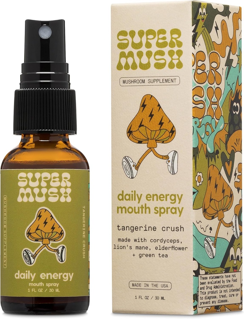 SuperMush Daily Energy Mouth Spray - Mushroom Supplement - Lions Mane & Cordyceps Mixed Mushrooms Extract Pure Liquid Sprays for Focus, Stamina & Clarity - 30ml Organic Lions Mane Fungi Spray