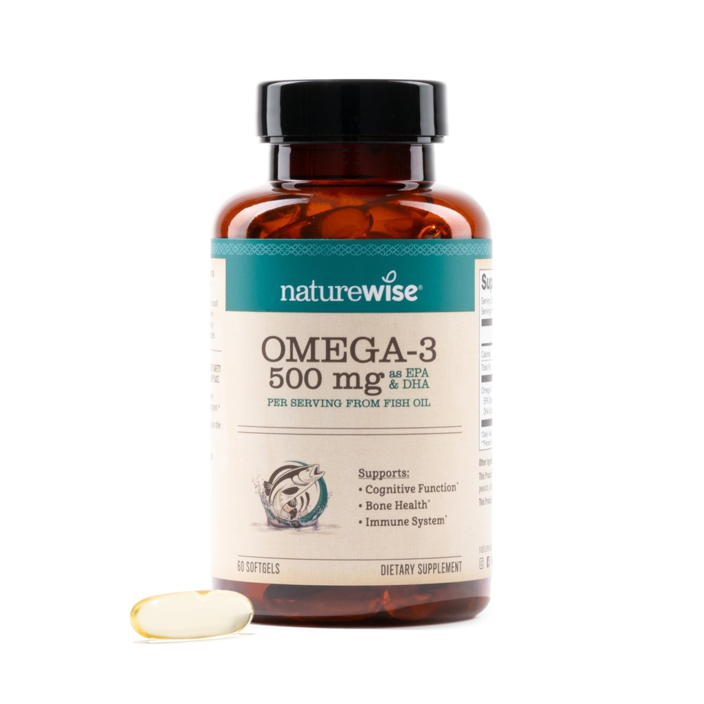 NatureWise Omega 3 Huile de poisson - 500 mg par pilule - EPA & DHA - Soutien immunitaire, cerveau et bien-être optimal - Sans gluten et sans soja, sans OGM - 60 softgels[2-Mois]