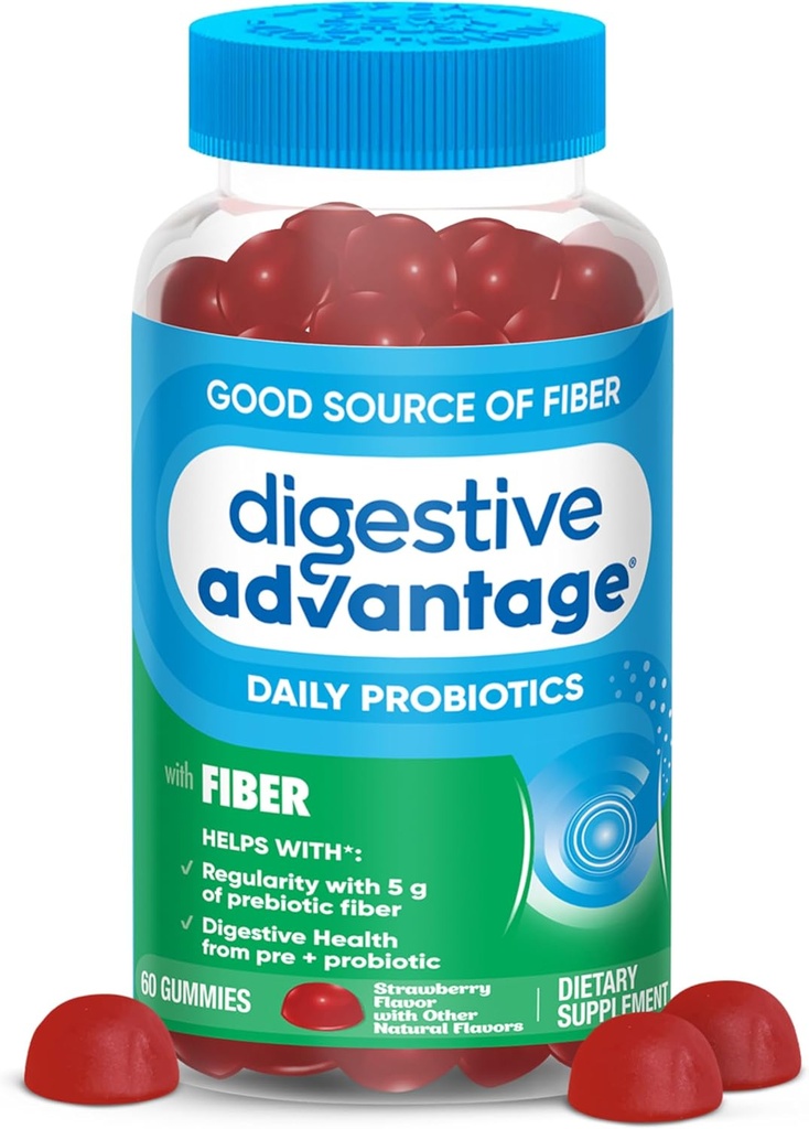 Avantage digestif Gommies de fibre prébiotique + probiotiques pour la santé des gourdes, 5g Fibre prébiotique Plus 1 milliard UFC Probiotique, soutient la santé digestive et la régularité, (60ct bouteille) Arôme frais*