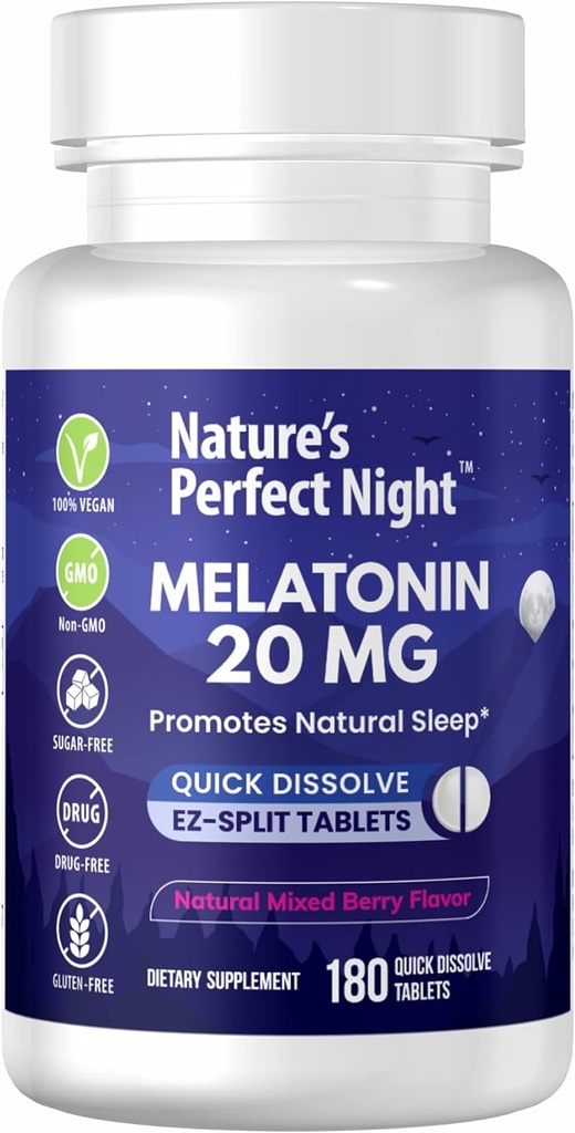 La nuit parfaite de la nature: Melatonin 20mg: 180 Comprimés Dissolvants Rapides: Natural Mixed Berry Flavor: High Potency: sans sucre: Vegan: sans gluten Taille de la valeur