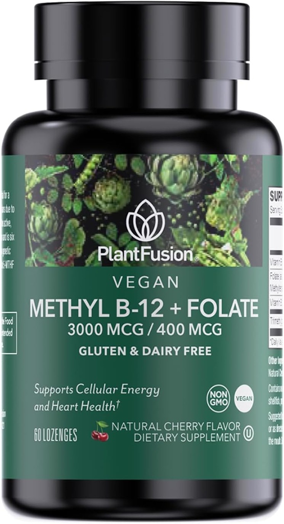 Complexe Vitamine B Méthylée PlanteFusion – Végétalien B12 3000mcg, Méthylfolate végétalien (5-MTHF) 400mcg, B6 & TMG – Lozanges aromatisées à la cerise – 60 Nombre